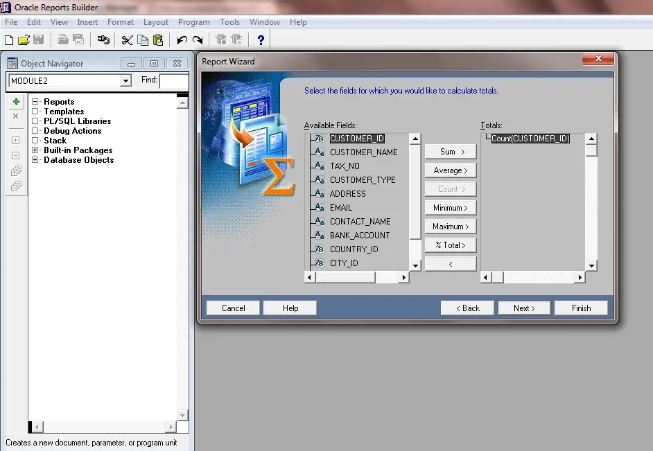 Select Available Fields in Reports Wizard to calculate totals