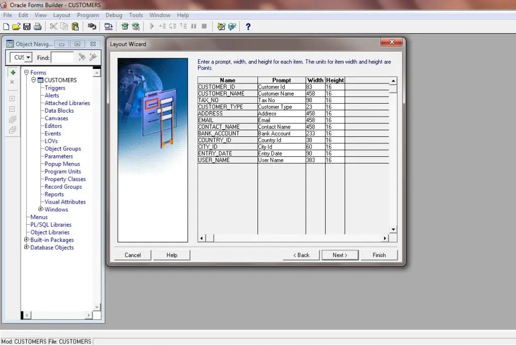 Enter a prompt, width and the height for each item.